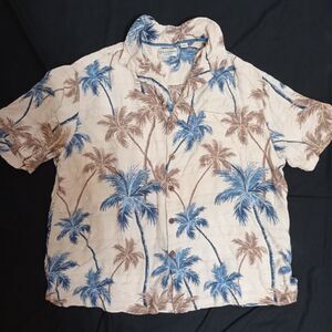 Caribbean Shirt Men 2XL Silk Blend Hawaiian Print Wooden Buttons Coconut Tree